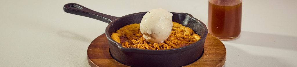 Warm skillet dessert with ice cream